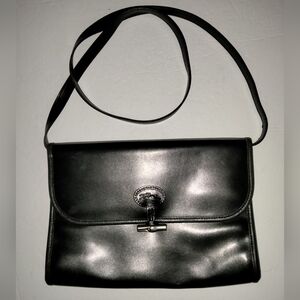 Longchamp Vintage Classic Black Leather Snap Button Crossbody Bag (#2549-03)